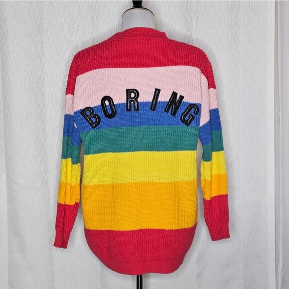 Rainbow Stripe Applique Heart Boring V-Neck Long Sleeve Knit Cardigan Sweater - Picture 5 of 10